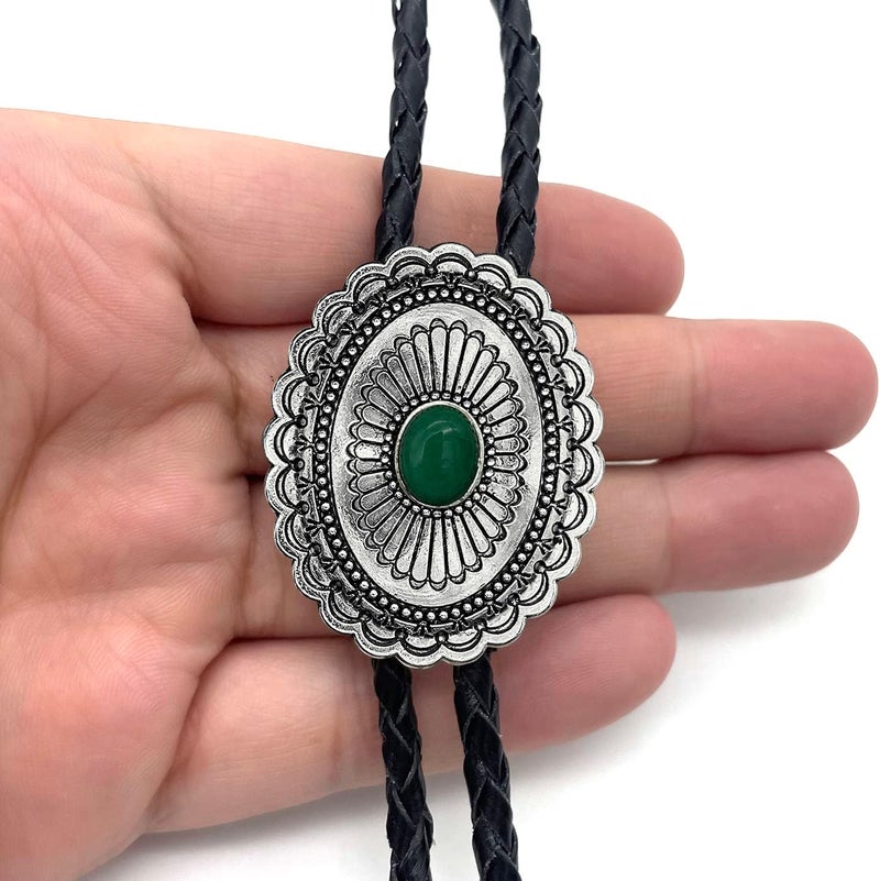 YOQUCOL Vintage American Western Cowboy Indian Art Stone Genunie Leather Bolo Tie For Men Women - Image 3